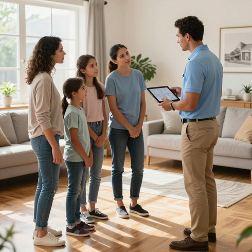 A professional speaks to three people in a living room, showing them information on a tablet.