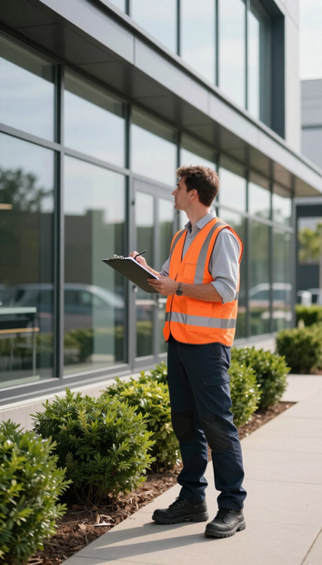 A person in a high-visibility orange safety vest and dark work pants stands outside a glass building, taking notes.