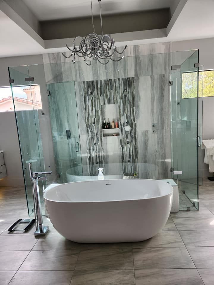 There is a bathtub in the middle of the bathroom.