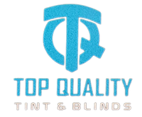 A blue logo for top Quality Tint and Blinds