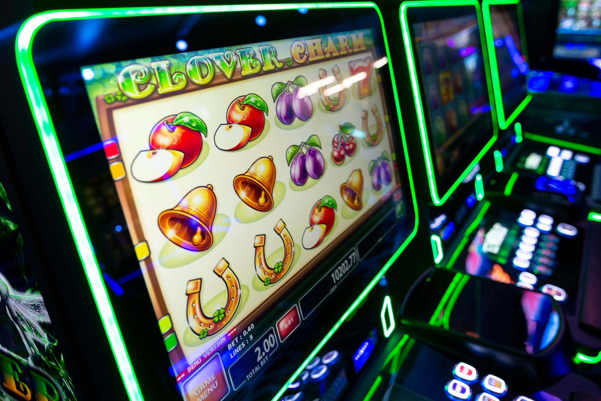 A close up of a slot machine with the word clover on it