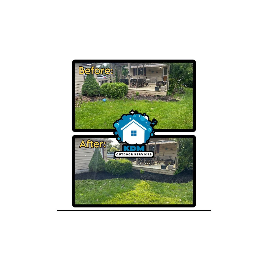 Before and after of a landscaped yard. Top: overgrown bushes. Bottom: neat landscaping with fresh mulch.