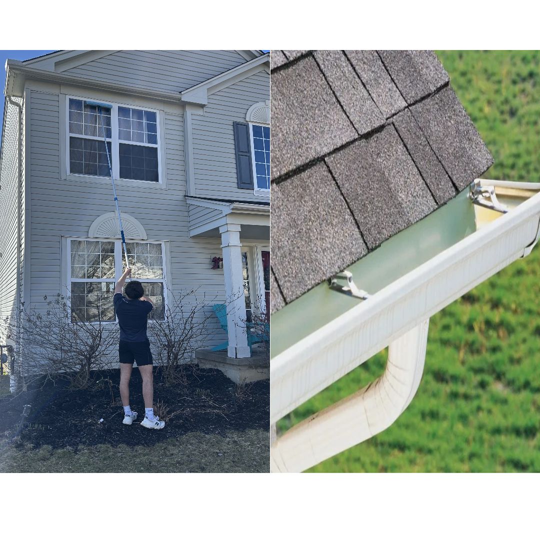 Person cleaning windows with a long tool on a two-story house. Close-up of gutter filled with debris.