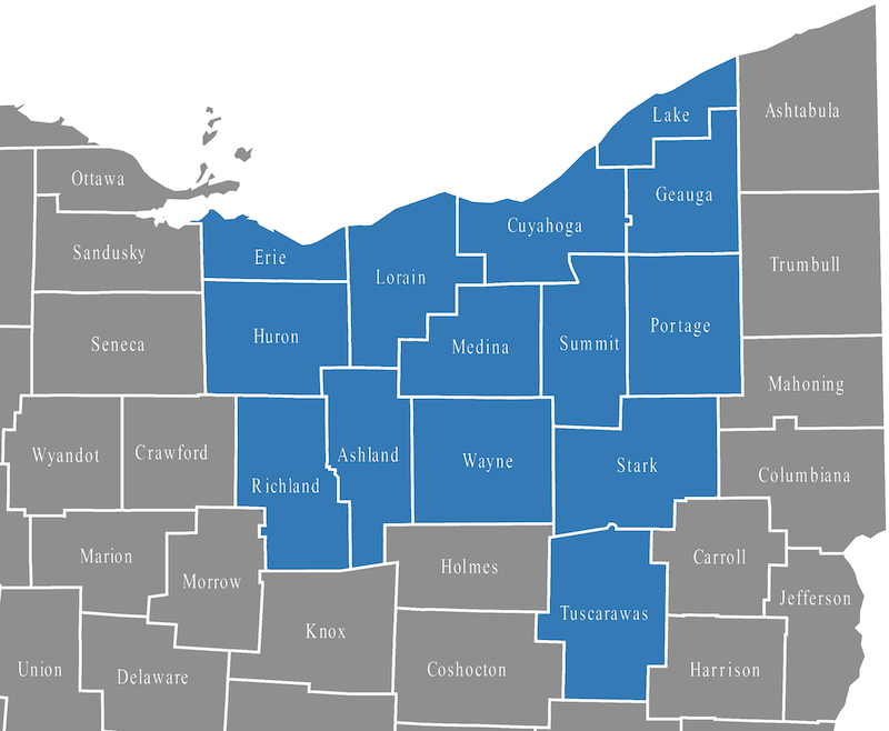 Map of Ohio counties, with a blue highlight of the counties around Lake Erie and the northeastern region.