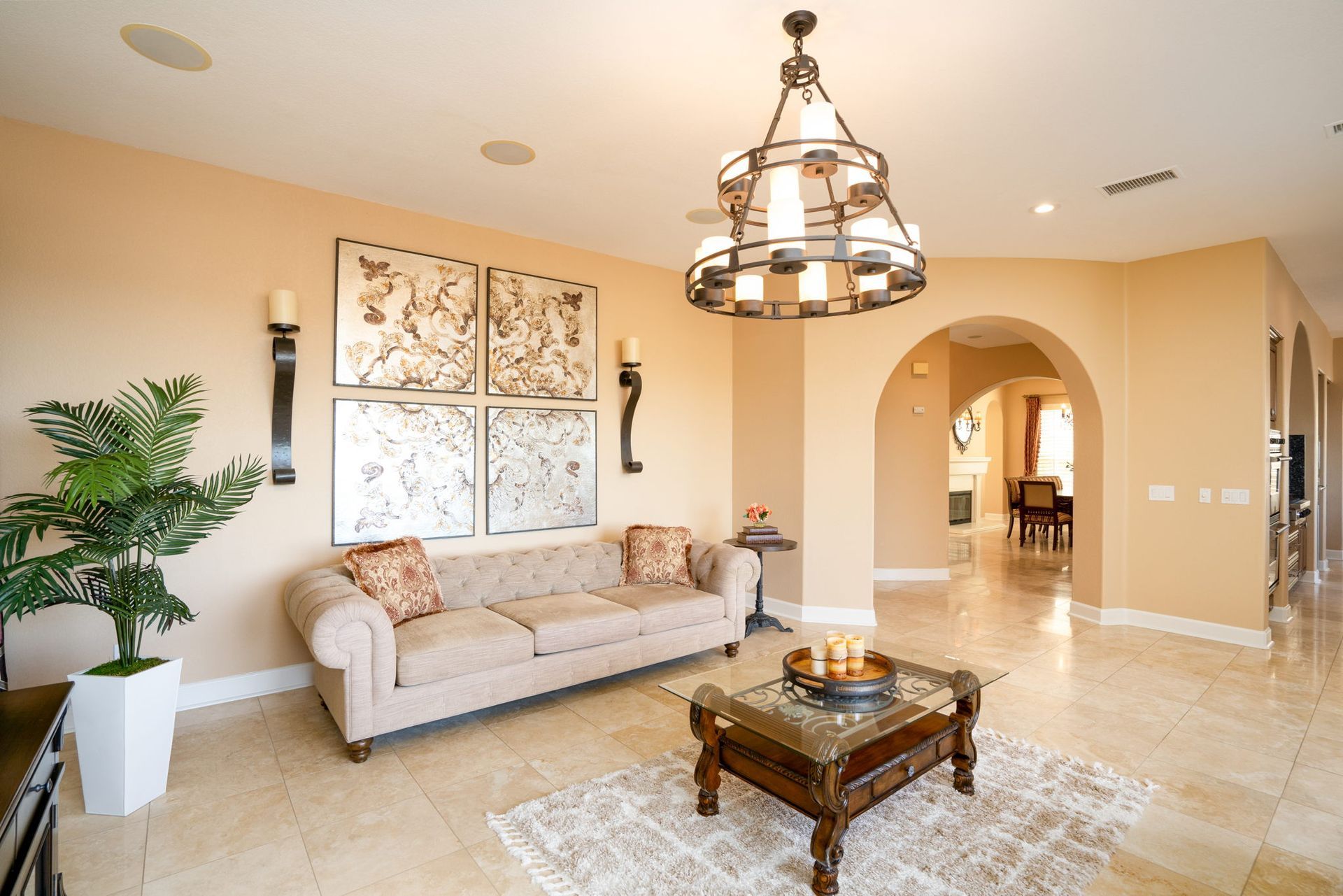 A living room with a couch and a coffee table