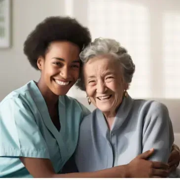 A nurse is hugging an elderly woman on a couch.
