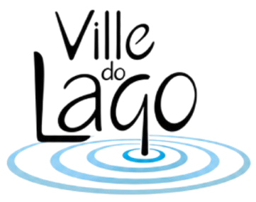 Logotipo com a inscrição “Ville do Lago” em texto preto com ondulações azuis na água abaixo.