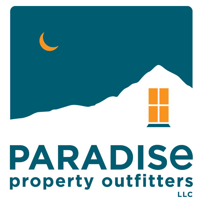 The logo for paradise property outfitters shows a mountain and a house