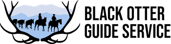 A logo for Black Otter Guide Service including a silhouette of a group of people riding horses in front of antlers.