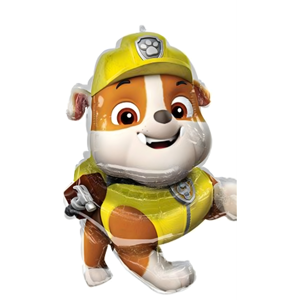 Rubble Paw Patrol balloon in yellow construction attire, smiling.