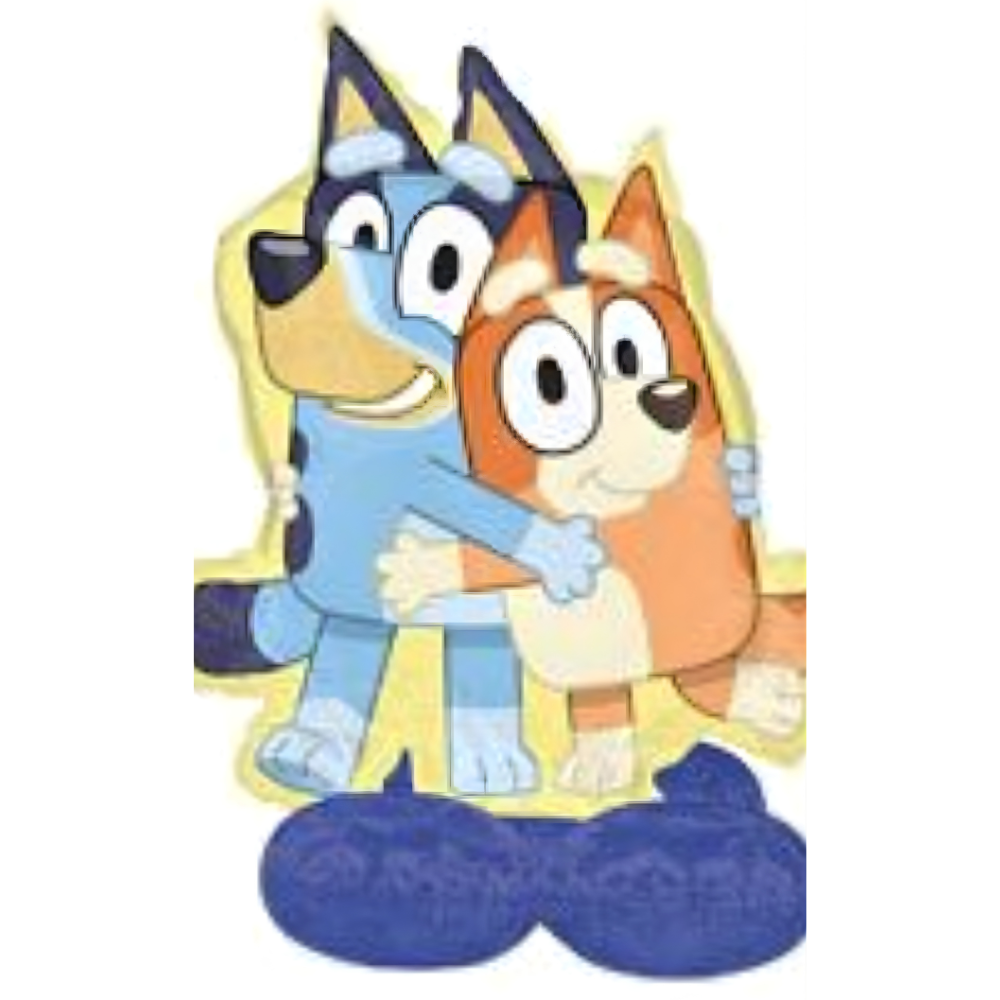 Bluey and Bingo the cartoon dogs hugging. Blue and orange, with yellow background.