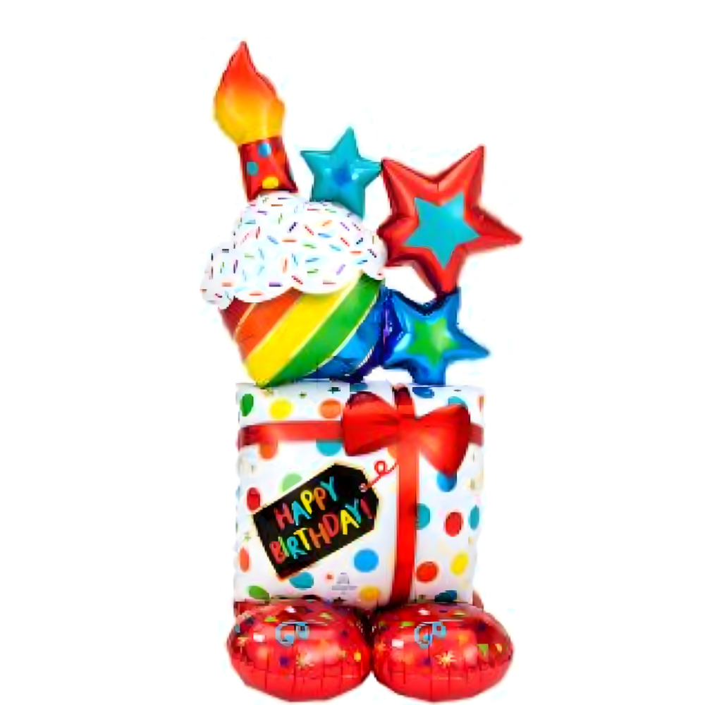 Birthday balloon bouquet with cupcake, stars, and gift box elements.
