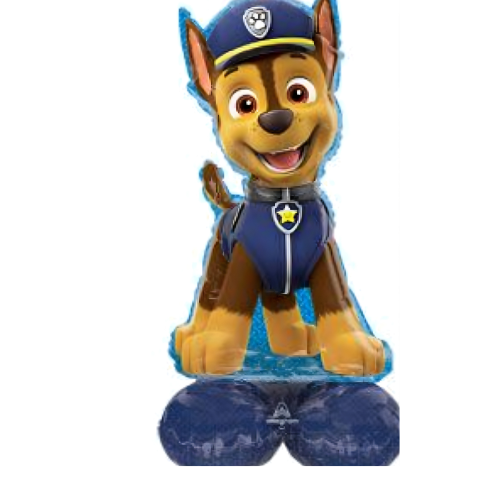 Chase, the Paw Patrol character, balloon stands on two feet, smiling. He wears blue and brown uniform.