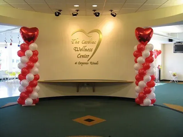 Red and white balloons in front of a wall that says the carolina wellness center