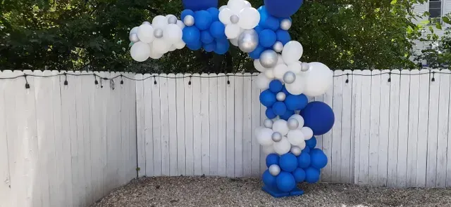 A blue and white balloon arch is sitting in front of a white fence.