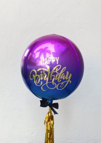 A purple and blue balloon with the words happy birthday written on it