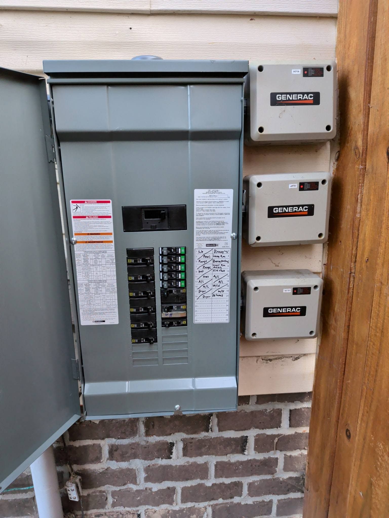 Open electrical panel with breakers beside three wall-mounted utility boxes on an exterior brick wall