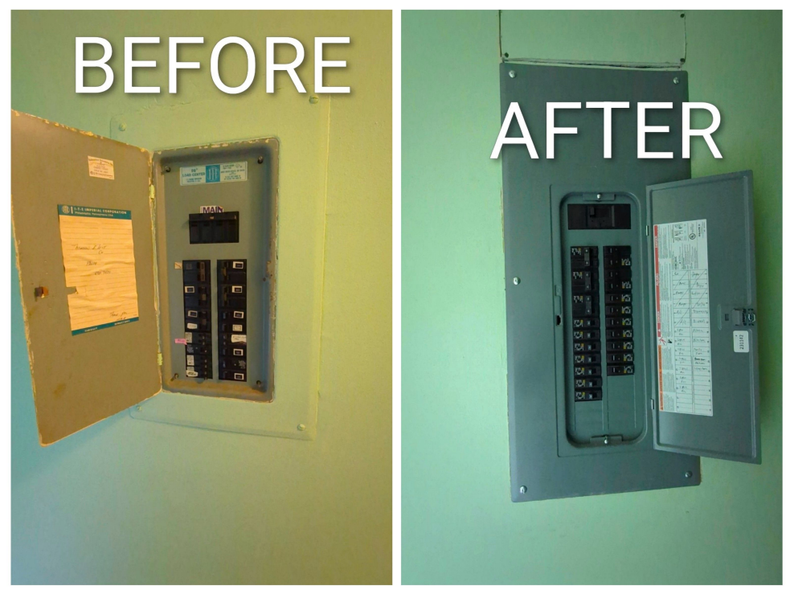 Before-and-after of a wall electrical panel: old open panel on left, updated gray panel on right.