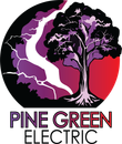 Pine Green Electric logo with a black tree silhouette over purple and red circular background