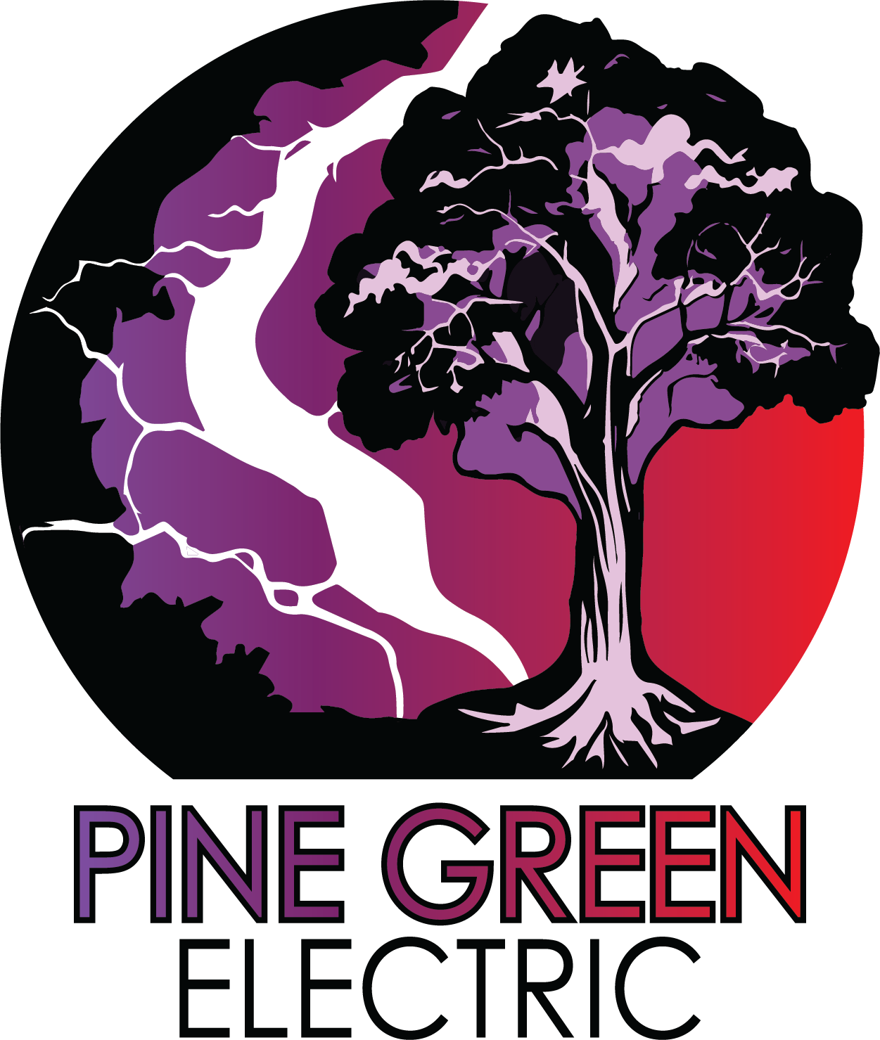 Pine Green Electric logo with a black tree silhouette over purple and red circular background