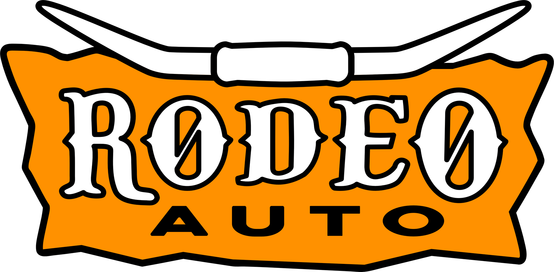 a logo for rodeo auto with a bull 's horns on it .