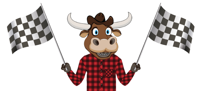 a cartoon bull in a plaid shirt is holding two checkered flags .