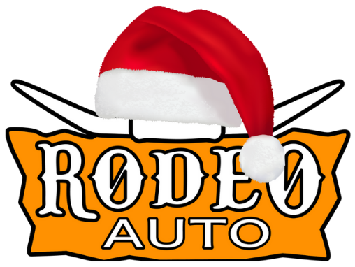 a logo for rodeo auto with a bull 's horns on it .