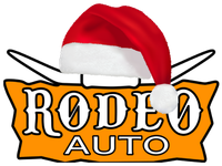 a logo for rodeo auto with a bull 's horns on it .