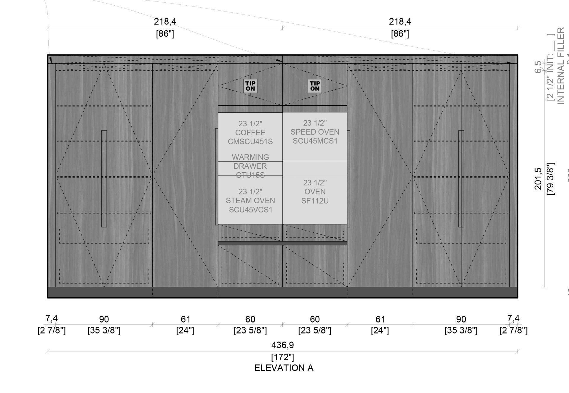 Elevation view of a wooden wall with doors and shelves. Central area with text labels and dimensions in meters.