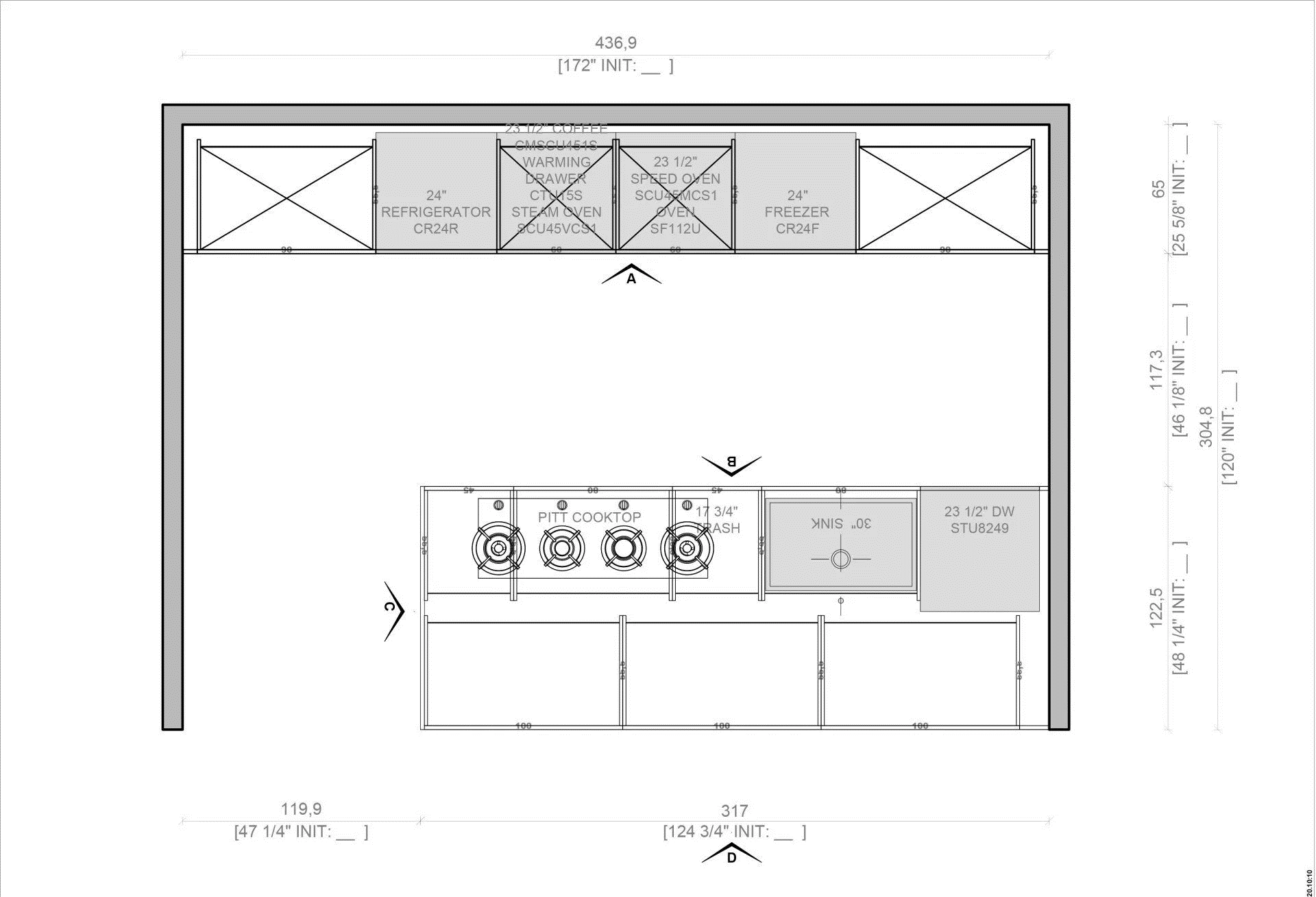 Kitchen layout plan with upper and lower cabinets, stove, and refrigerator.
