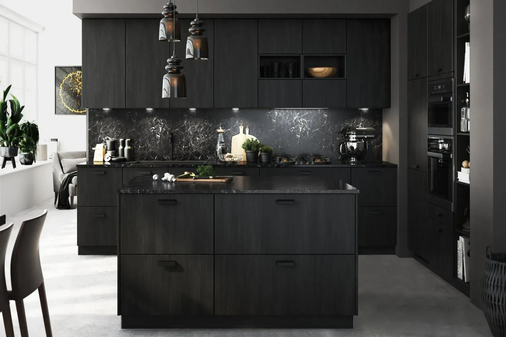 Dark modern kitchen with black cabinets and island, marble backsplash.