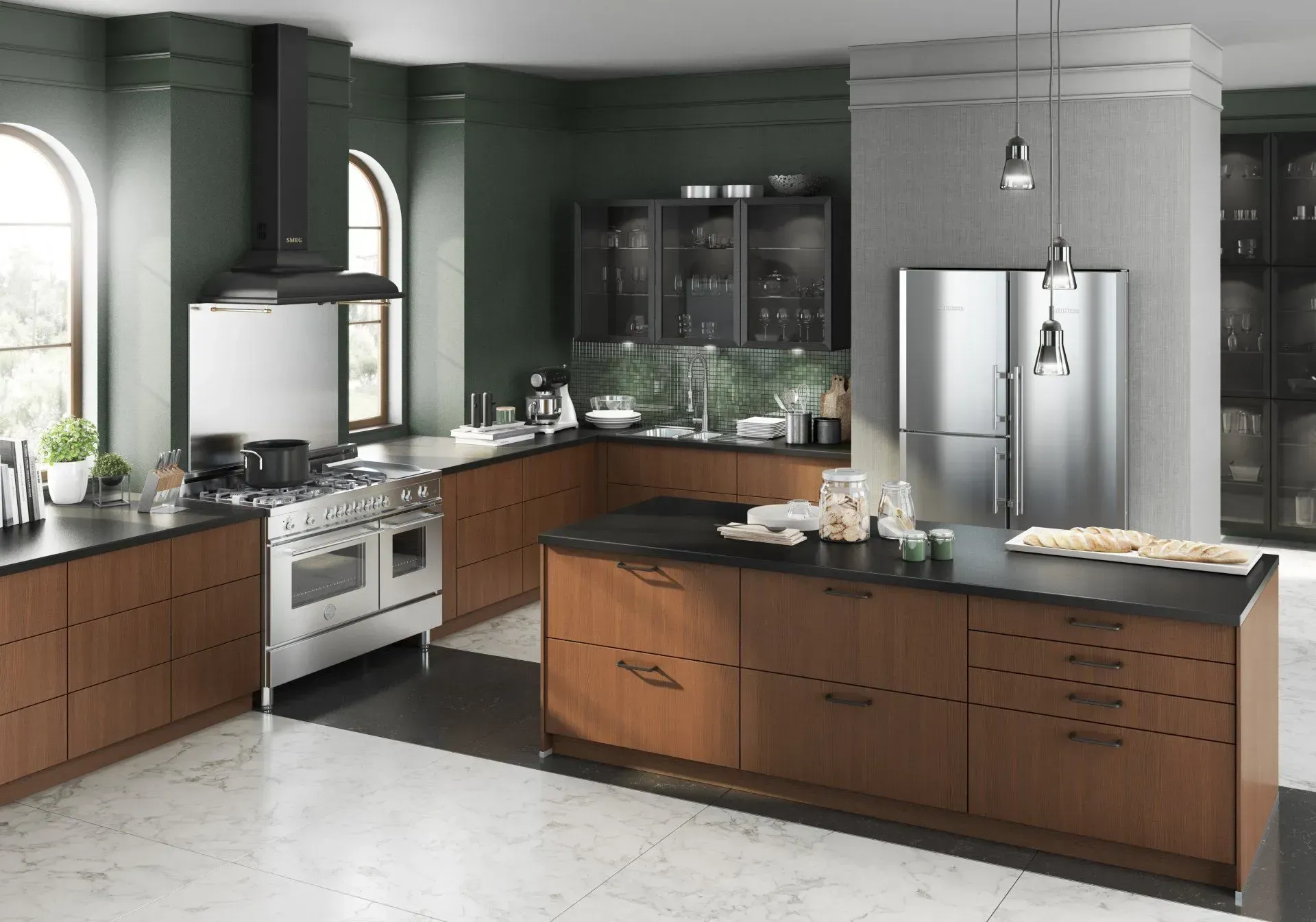 Modern kitchen with dark wood cabinets, stainless steel appliances, and a green accent wall.