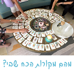 אנשים סביב שולחן עגול, קלפי טארוט פרוסים, גבישים במרכז. אדם אחד מדליק נר.