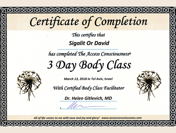 תעודת הסמכה - סיגלית דויד, פסיכותרפיה וטיפול גוף נפש