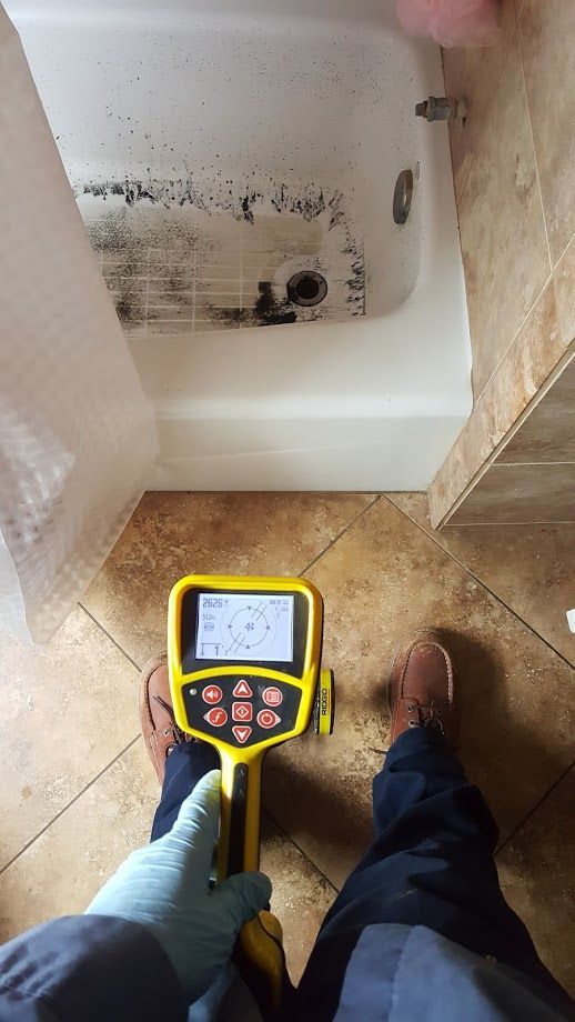 A person uses a yellow moisture meter in a bathroom with mold in the bathtub.