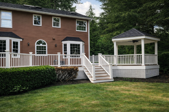 A set of outdoor composite steps with dark metal railings leading up to a house entrance.
