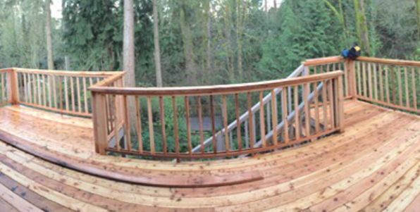 A curved wooden deck with railings overlooks a lush, wooded forest area.