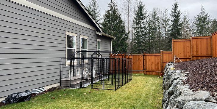 A metal pet enclosure sits on a grassy yard next to a gray house with wood fencing and a stone retaining wall.