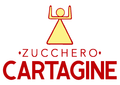 Logo di Zucchero Cartagine: testo rosso, figura gialla che alza le braccia sopra un triangolo.
