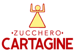 Logo di Zucchero Cartagine: testo rosso, figura gialla che alza le braccia sopra un triangolo.