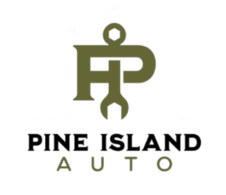 Logo for Pine Island Auto: Dark green "P" and "I" with wrench icon; black "Pine Island" over green "Auto."