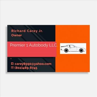 Business card for Premier 1 Autobody LLC with owner info, email, phone, and a car graphic in orange and dark blue.