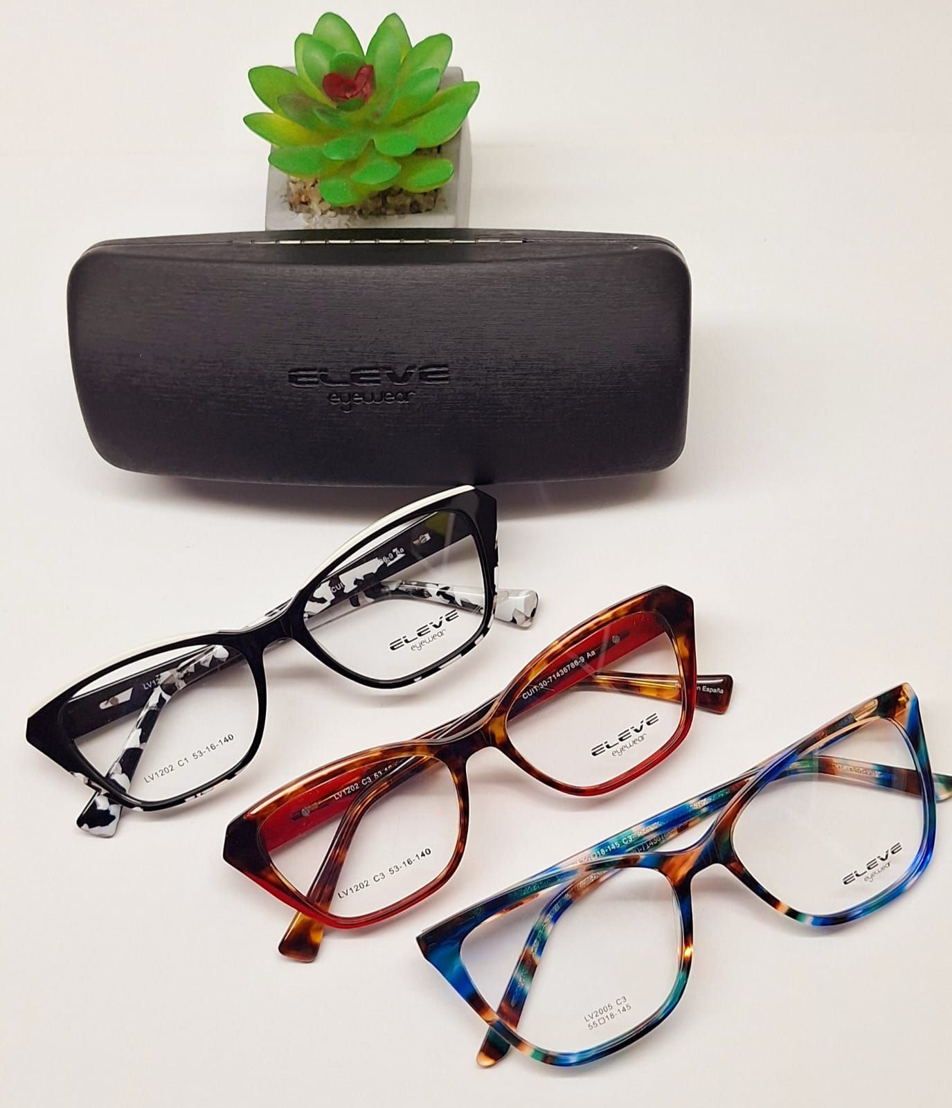 Tres pares de monturas de gafas en color negro, carey y azul, estampadas con un estuche y una pequeña planta.