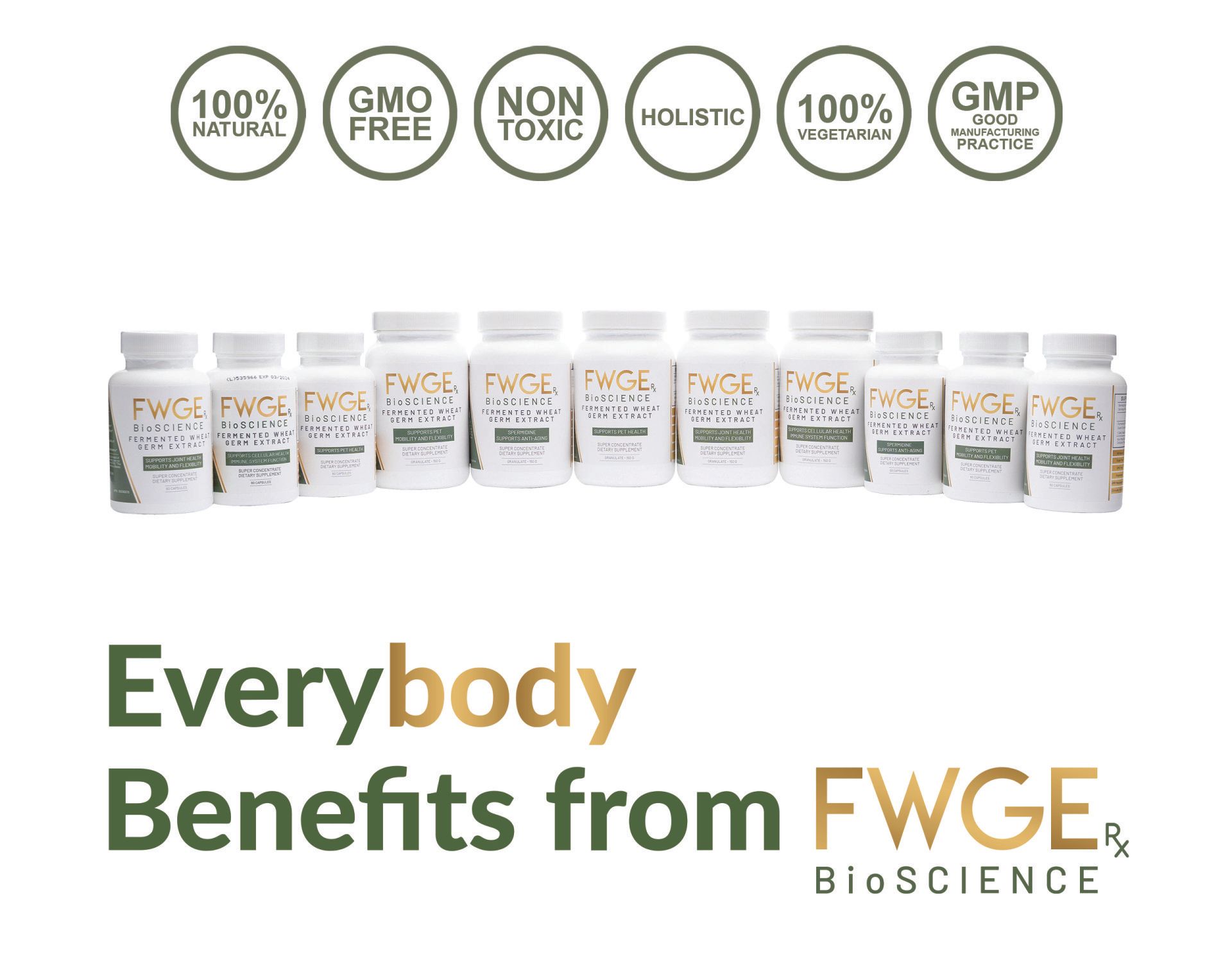Everybody Benefits from FWGE BioScience Fermented Wheat Germ Extract Super Concentrate. 100 Natural, GMO Free, NON Toxic, Holistic, 100% Vegetarian, GMP Good Manufacturing Practice.