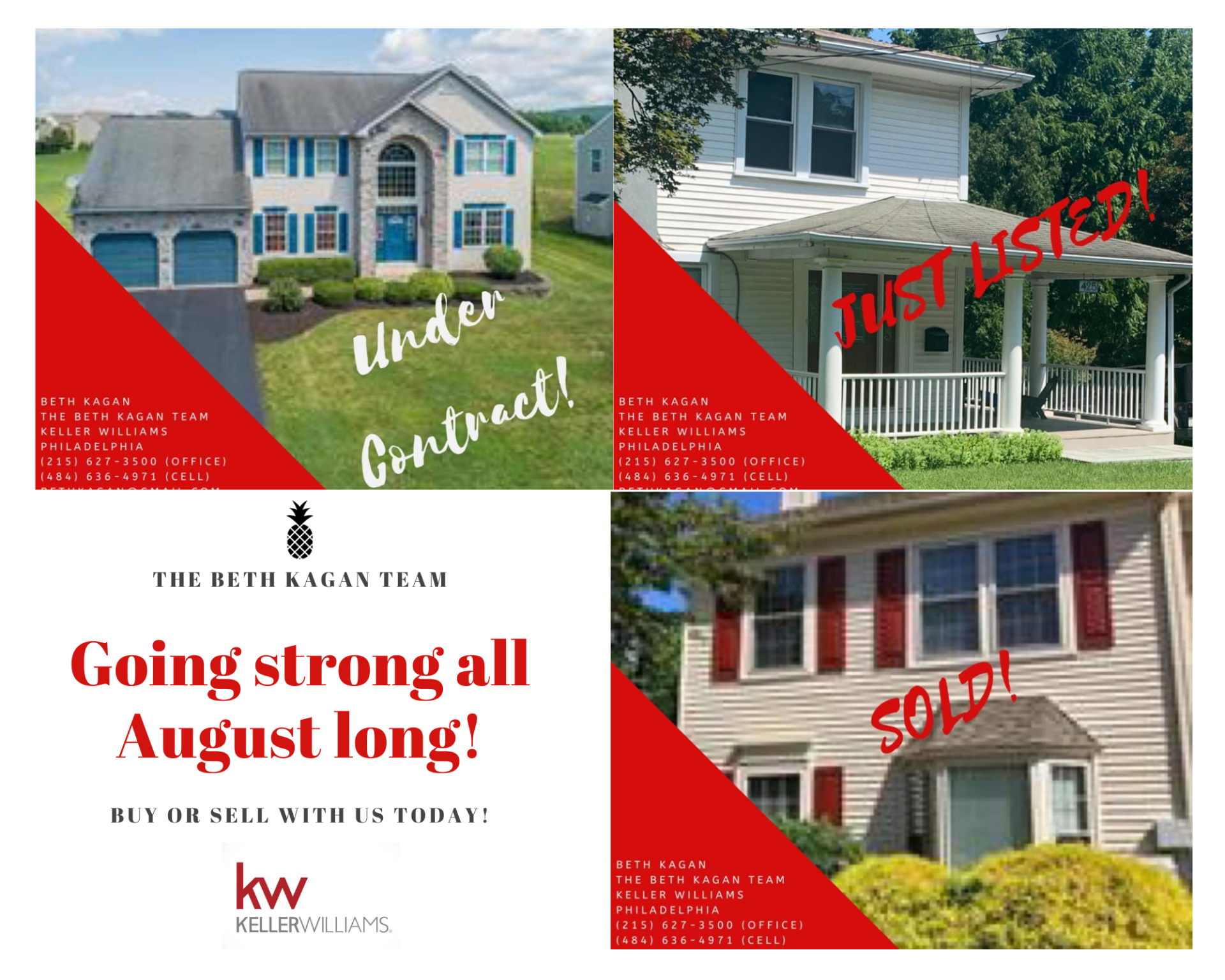 a collage of four pictures of houses with the words going strong all august long