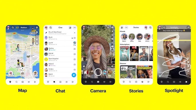 A screenshot of the snapchat app on a yellow background.