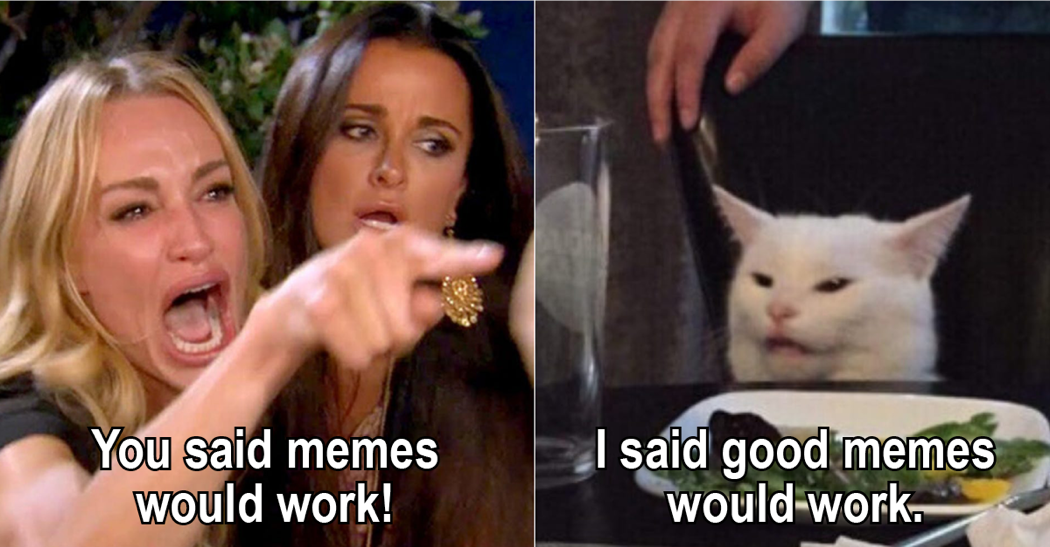meme of lady yelling at cat sitting at a salad