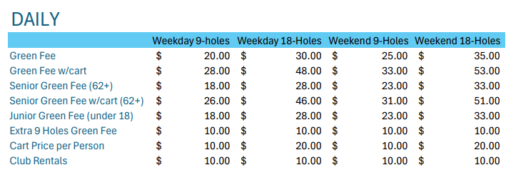 A price list table for golf fees, showing costs for weekdays and weekends, 9 or 18 holes, and various categories.