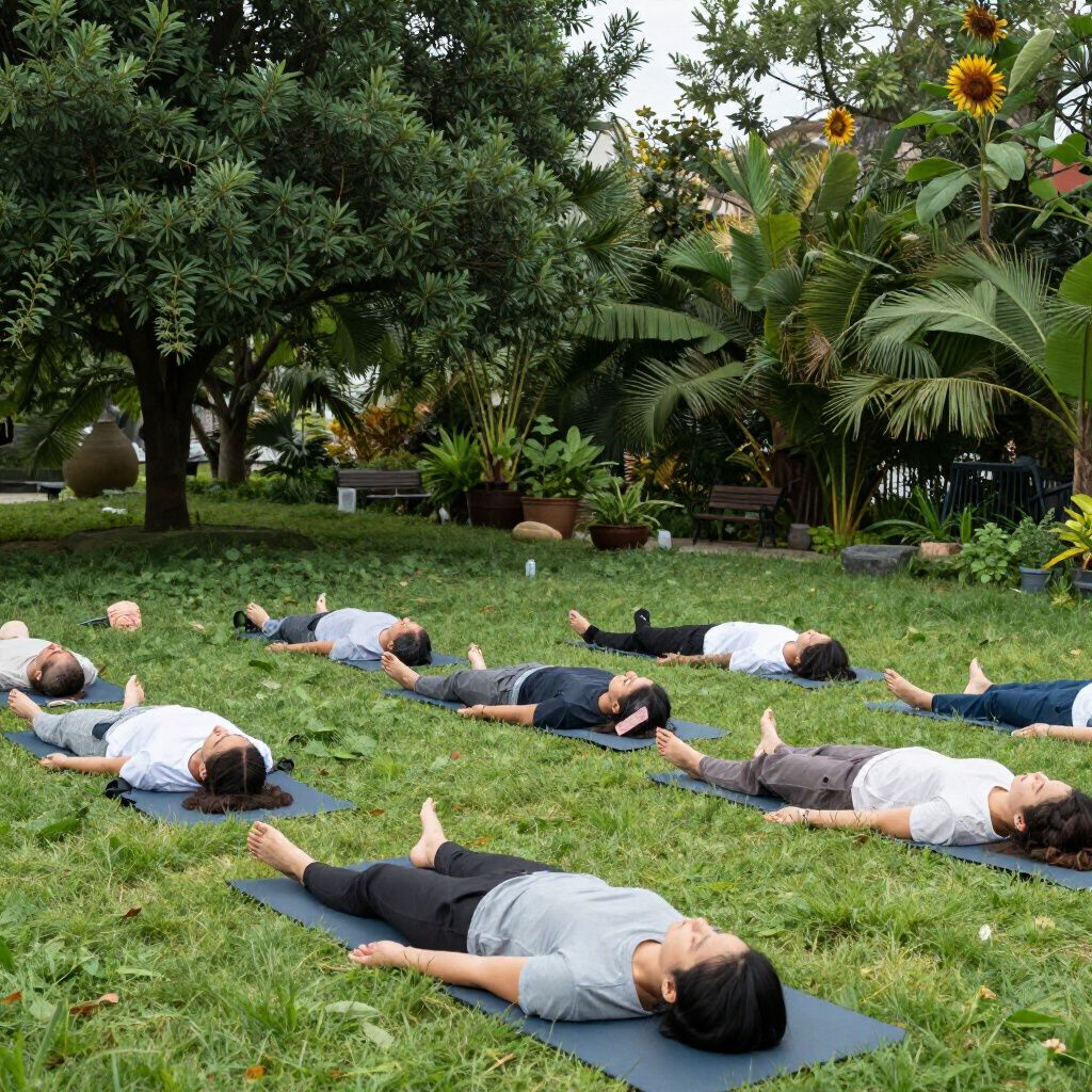 A group of people lying flat on yoga mats in a grassy, outdoor garden setting for a relaxation session.