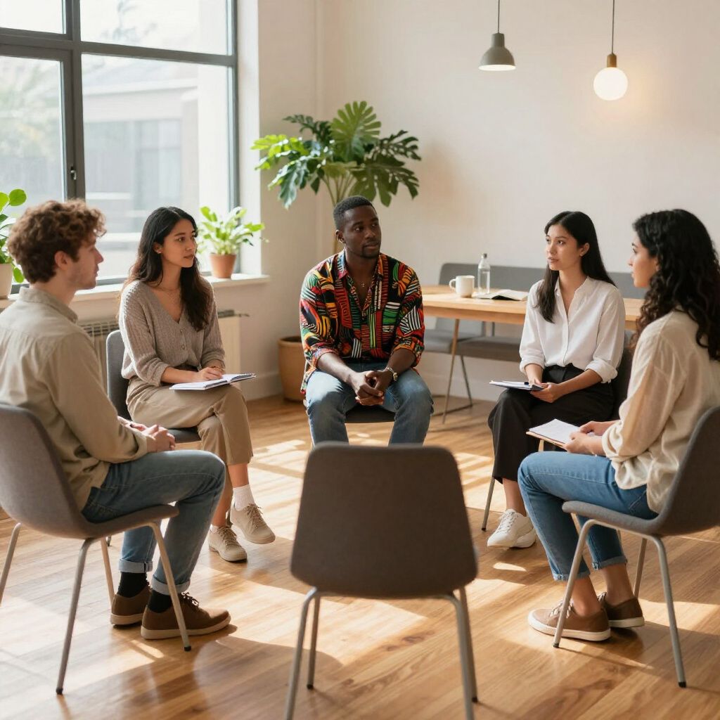 Five people sit in a circle on chairs in a brightly lit, modern office space, appearing to have a discussion.